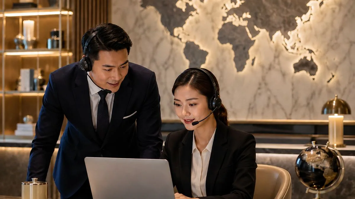 Two WRS concierge agents wearing headsets working at the concierge desk