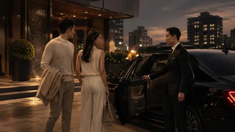 Guests arriving at a hotel entrance at dusk