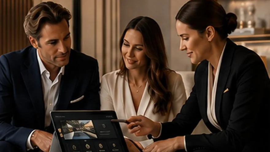 A private banking client reviewing the rewards platform with a relationship manager