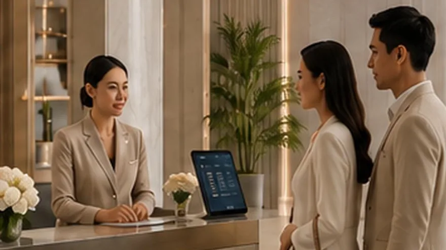 A resident being welcomed at the concierge desk of a luxury residence