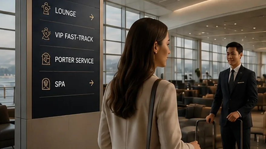 An airport lounge, fast-track, porter and spa privilege directory
