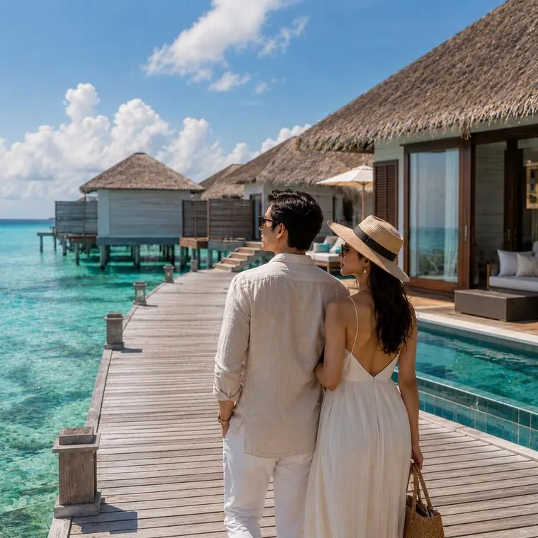 A couple walking along a jetty to an overwater villa