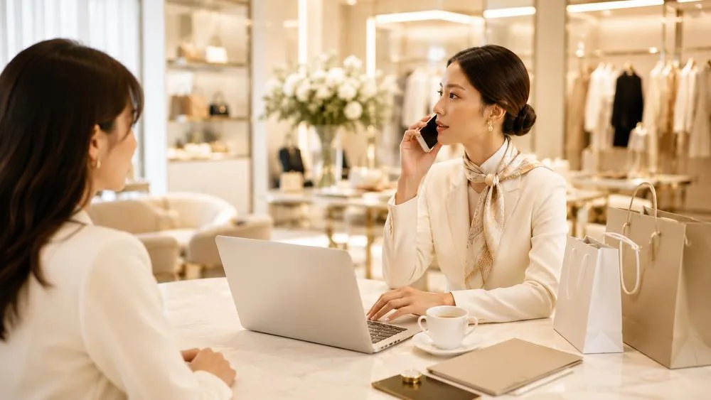 A personal shopper arranging a client's request in a luxury boutique