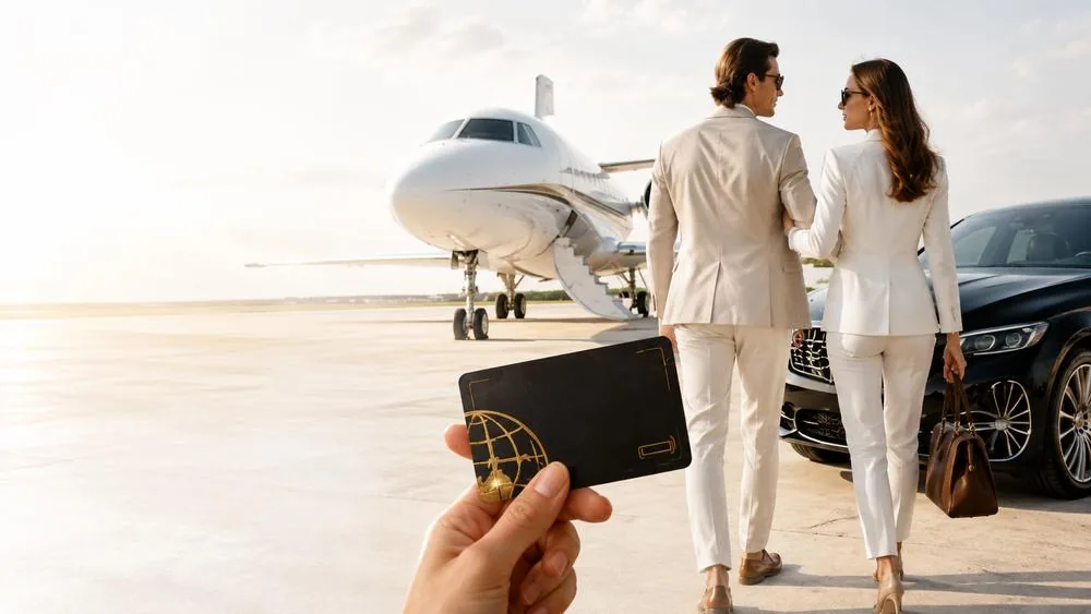 A couple walking to a private jet with a car waiting alongside