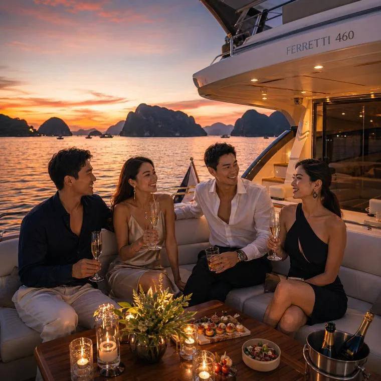 Friends aboard a yacht at sunset